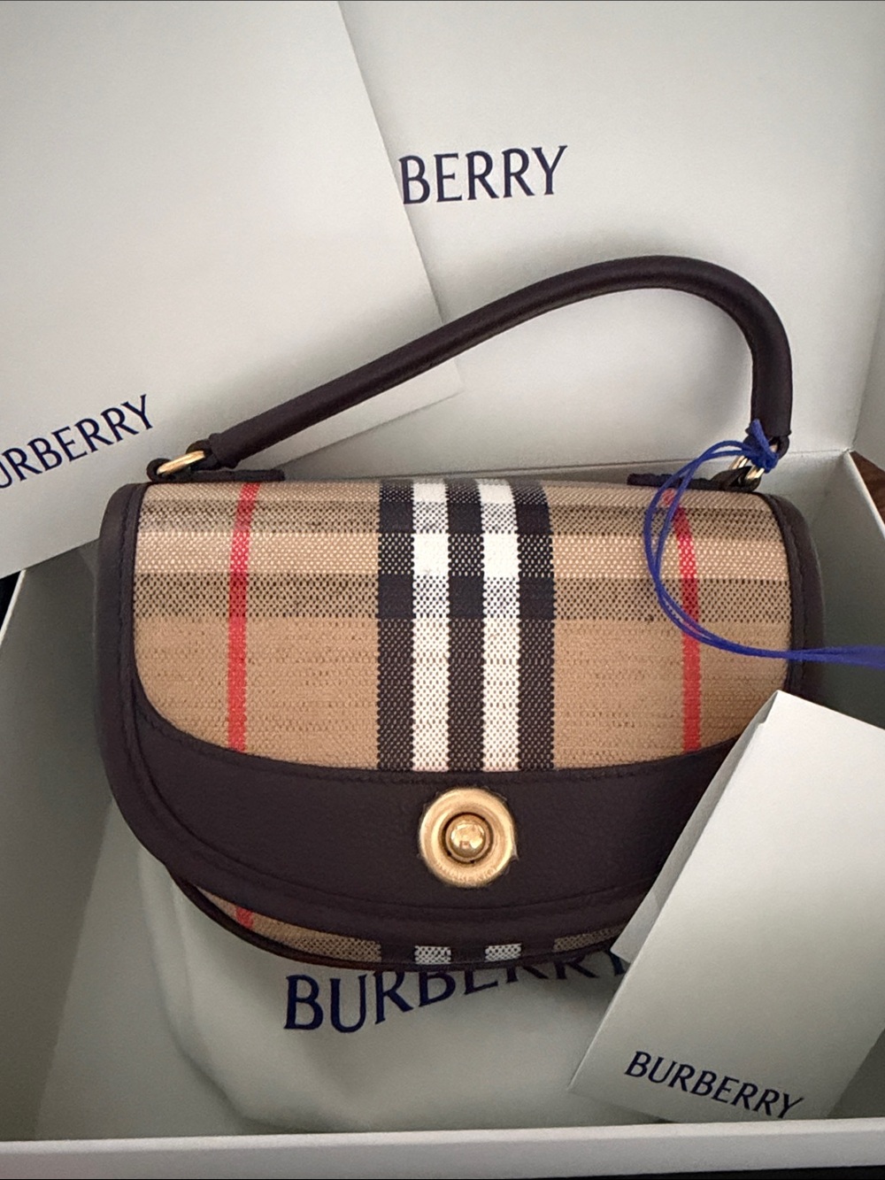 NEVER USEDBurberry Tan Vintage Check Mini Top-Handle Bag with Black Leather Trim - Picture 2 of 5